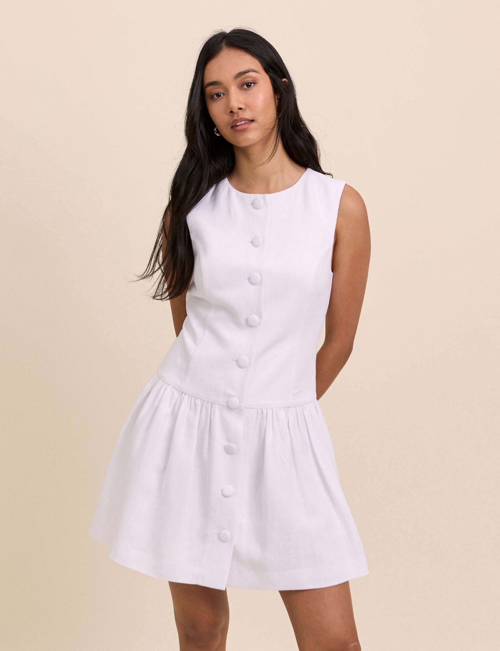 White Button Front Drop Waist Mini Dress