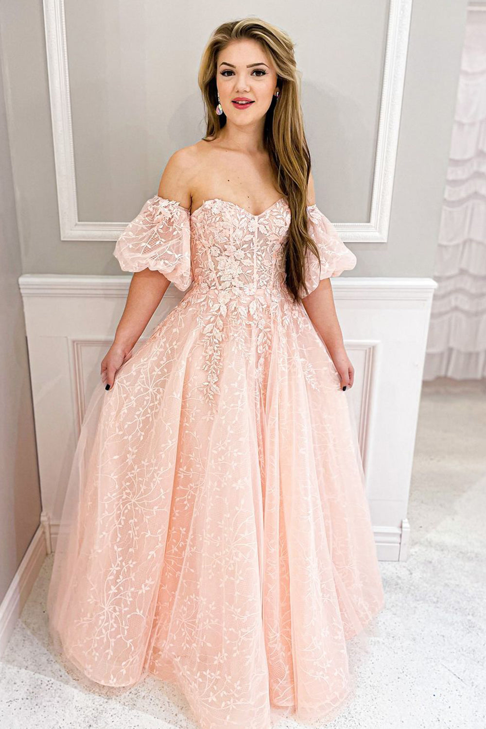 Elegant Off-the-Shoulder Blush Corset Prom Dress with Appliques in A-Line Silhouette