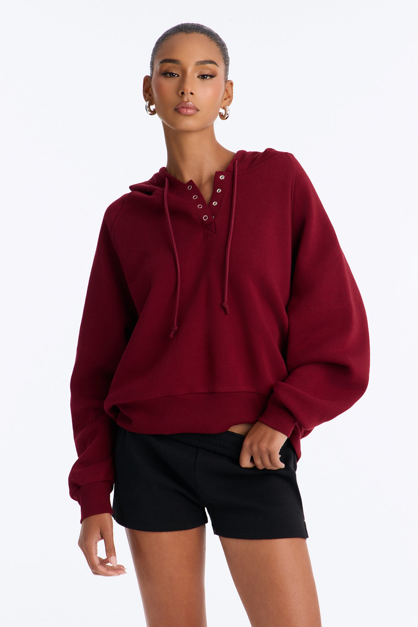 Riley Fleece Henley Lounge Hoodie - Burgundy