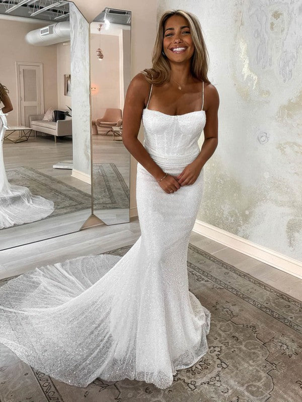 Deluxe Mermaid Square Neck Sequined Chapel Train Wedding Dresses