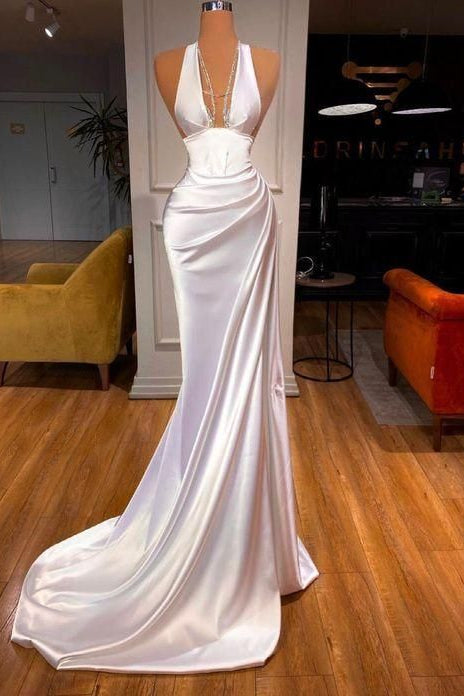 Halter Deep V Neck Sleeveless Mermaid Long Formal Dress Elegant With Ruffles