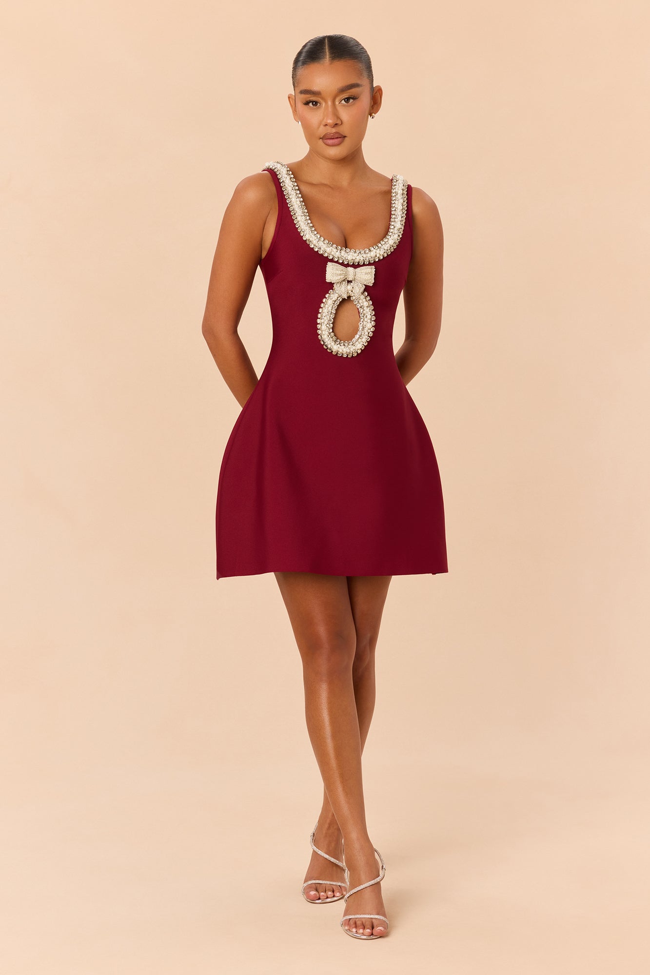 Daphne Embellished Bandage Mini Dress - Burgundy