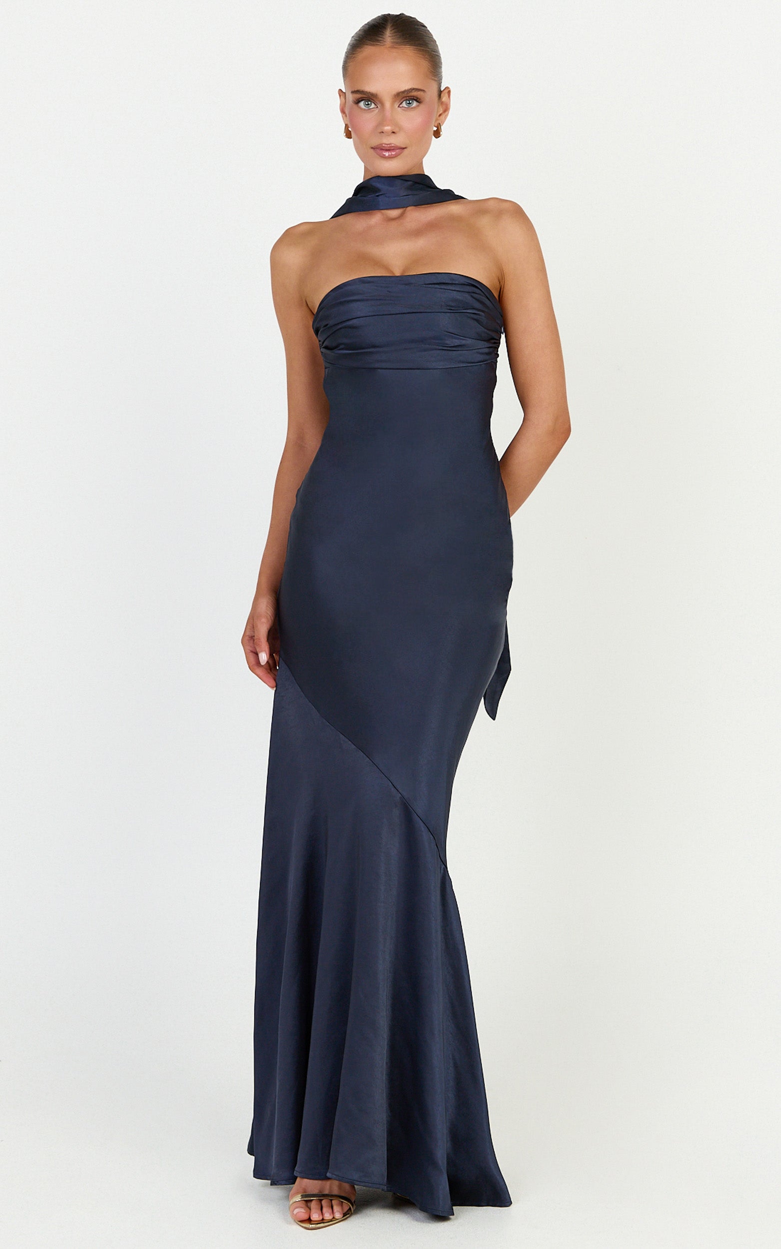 Odette Maxi Dress - Strapless Slip Dress With Neck Scarf in Navy