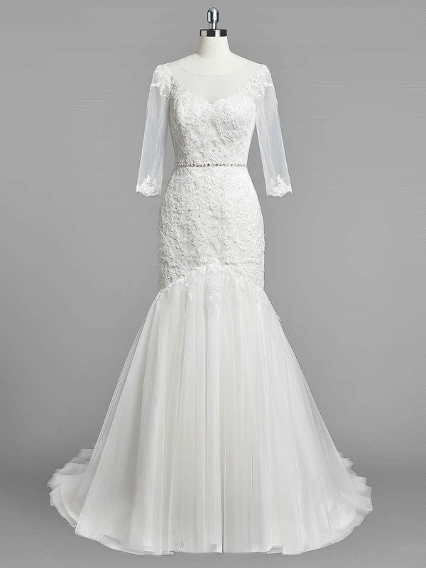 Glamorous Trumpet 3/4 Long Sleeves Tulle Lace Wedding Dresses with Sweep Train