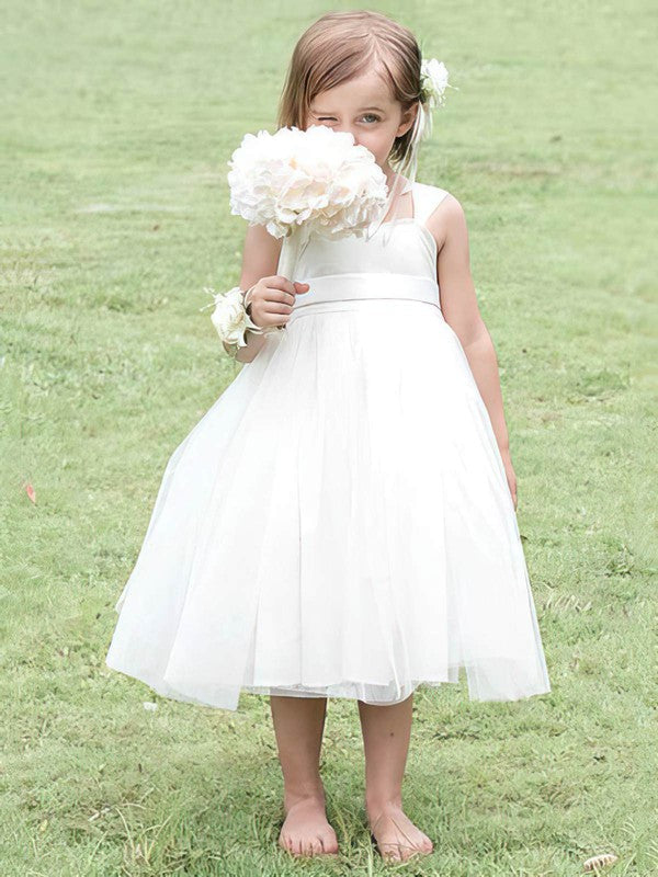Elegant A-Line Tulle Tea-length Flower Girl Dresses with Bow