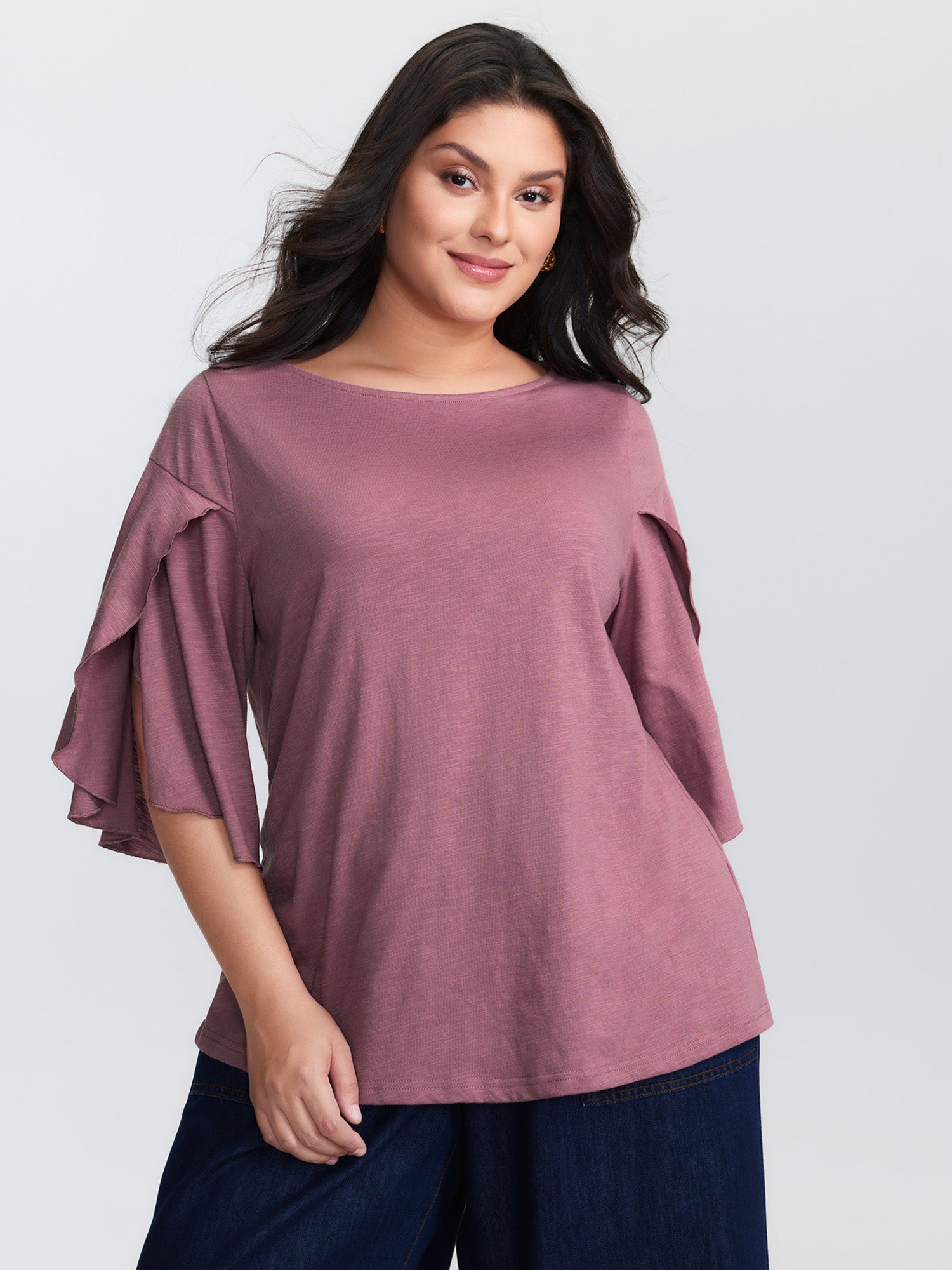 Petal Sleeve Plain Round Neck Knit Top
