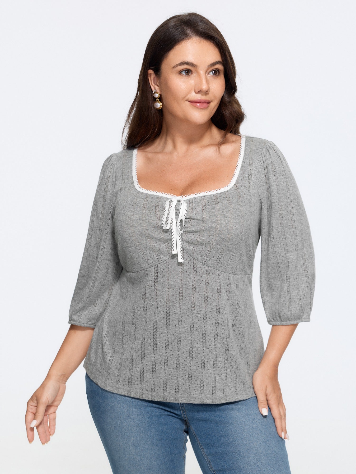 Square Neck Tie Front 3/4 Puff Sleeve Knit Top
