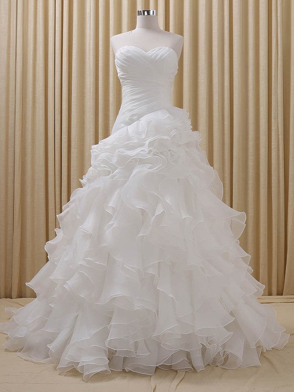 Fabulous Court Train Strapless Sweetheart Organza Ball Gown Wedding Dresses with Cascading Ruffles