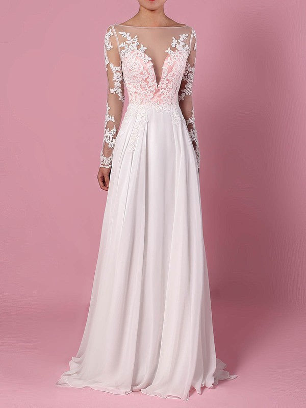 Chic A-Line Bateau Long Sleeves Backless Chiffon Wedding Dresses with Sweep Train