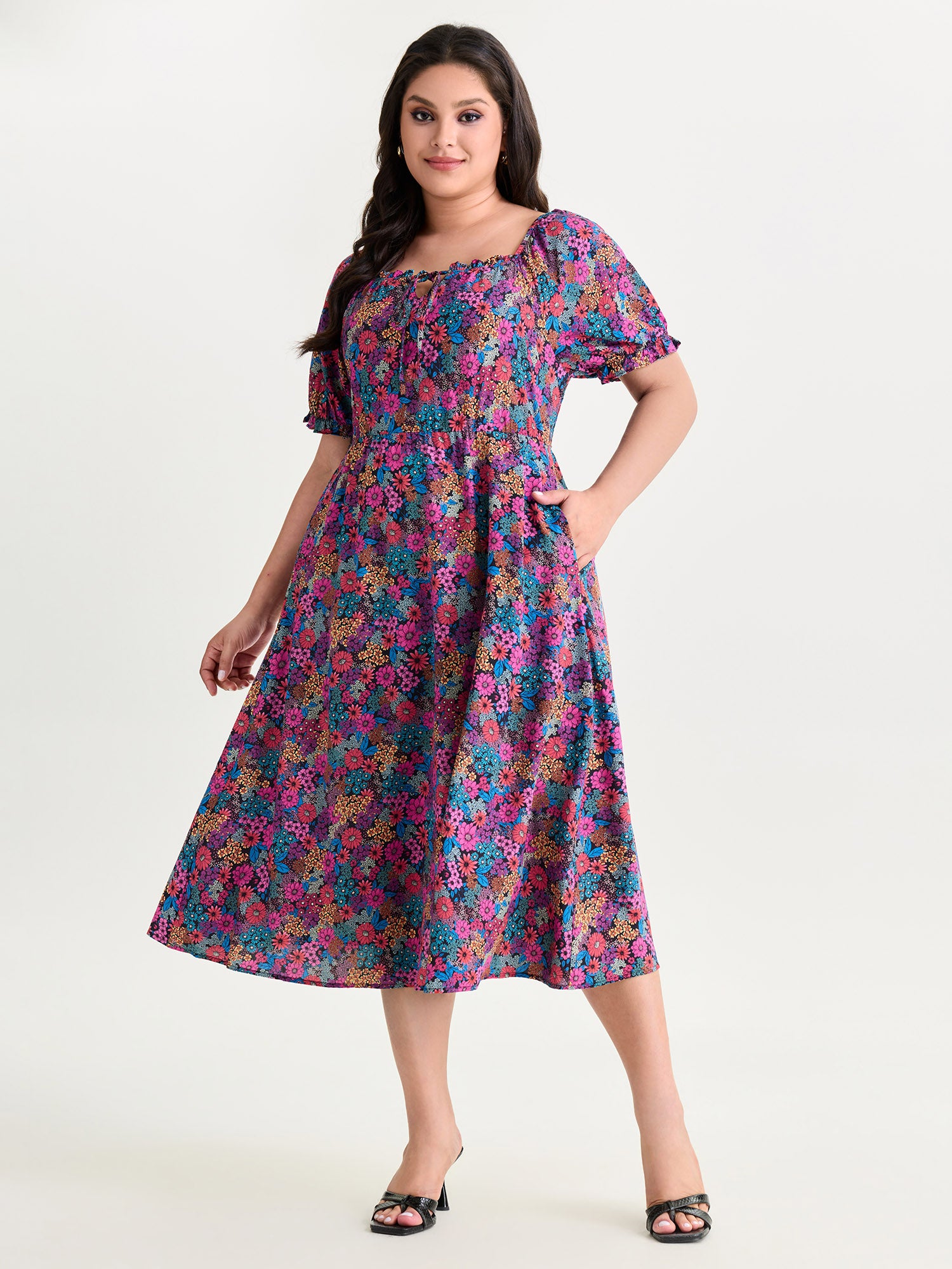 Sweet Floral Print Puff Sleeve Midi Dress