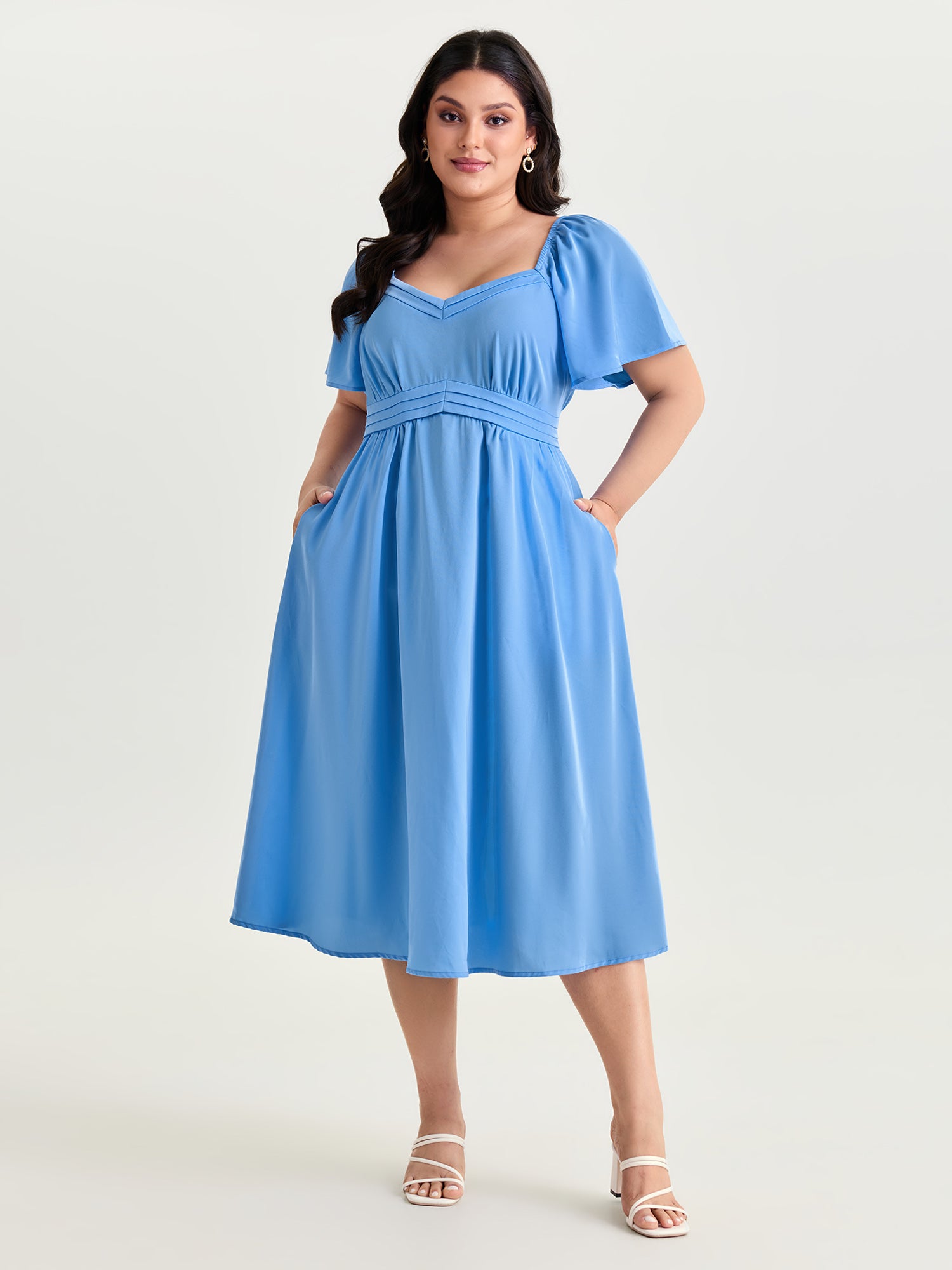 Flared Sleeve Pleated Waist Plain Midi Dress