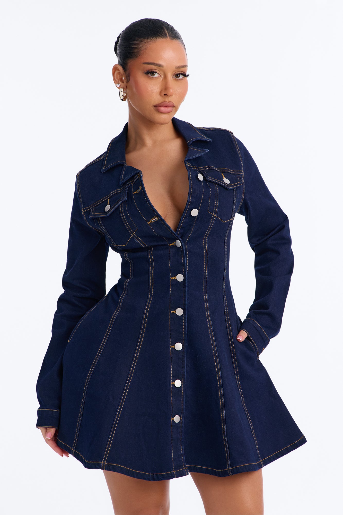 Raven Long Sleeve Stretch Denim Mini Dress - Dark Wash