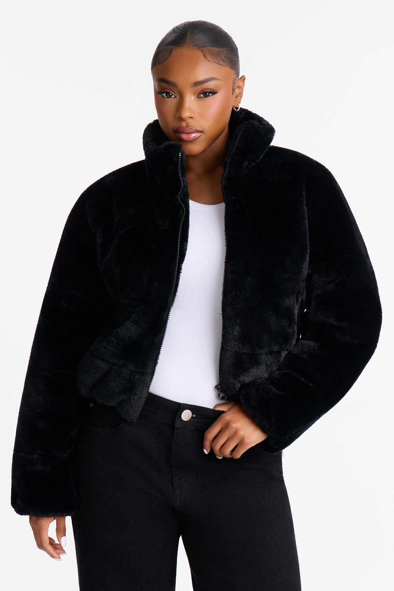 Snuggled Up Faux Fur Bomber Jacket - Black