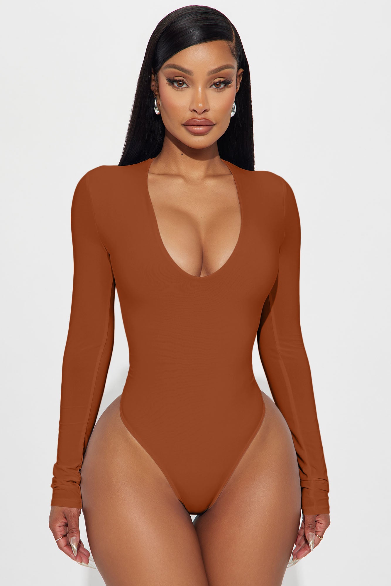 Take The Plunge Lined Long Sleeve Bodysuit - Rust