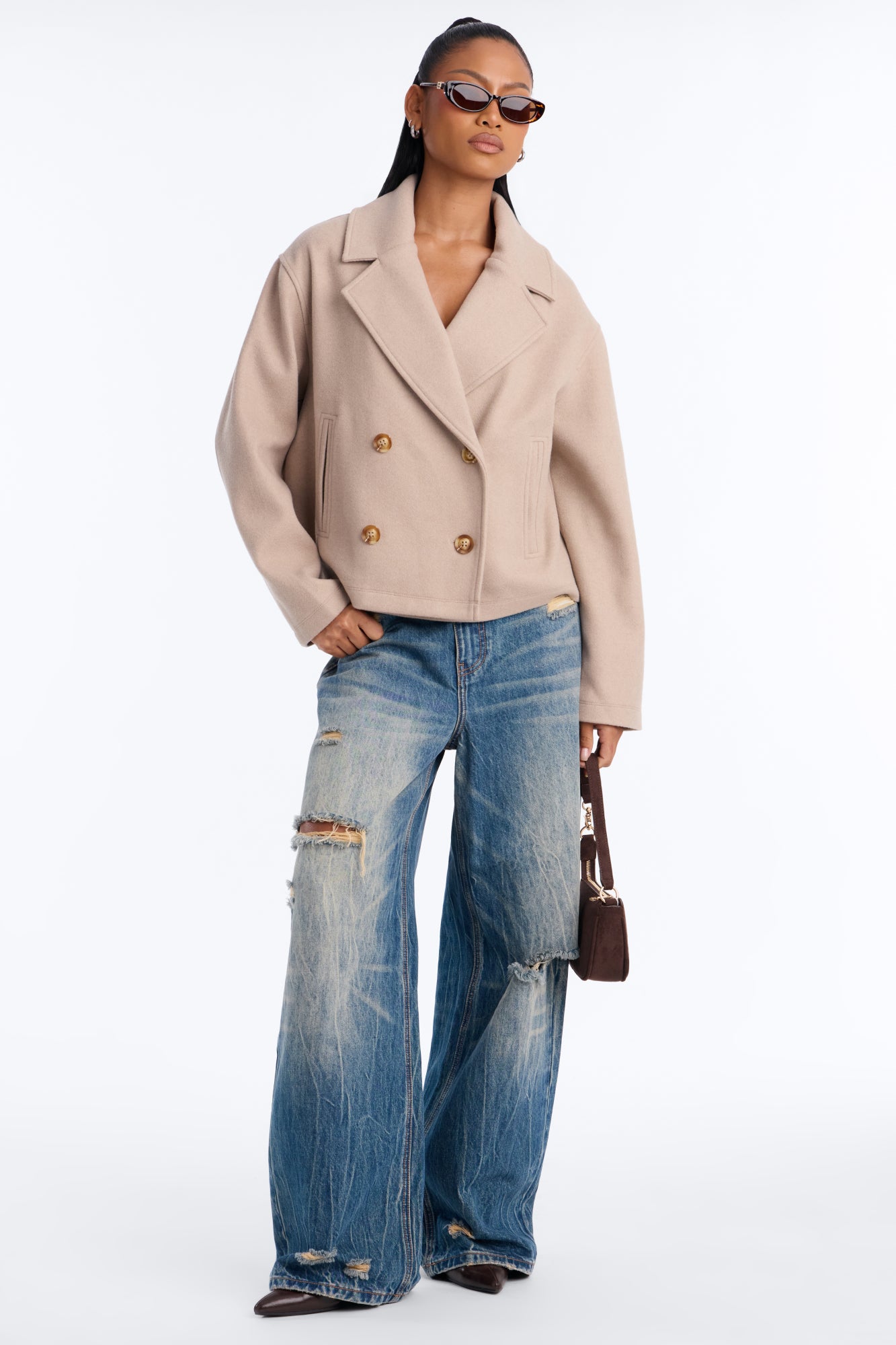 Jackie Double Breasted Wool Effect Short Coat - Oatmeal