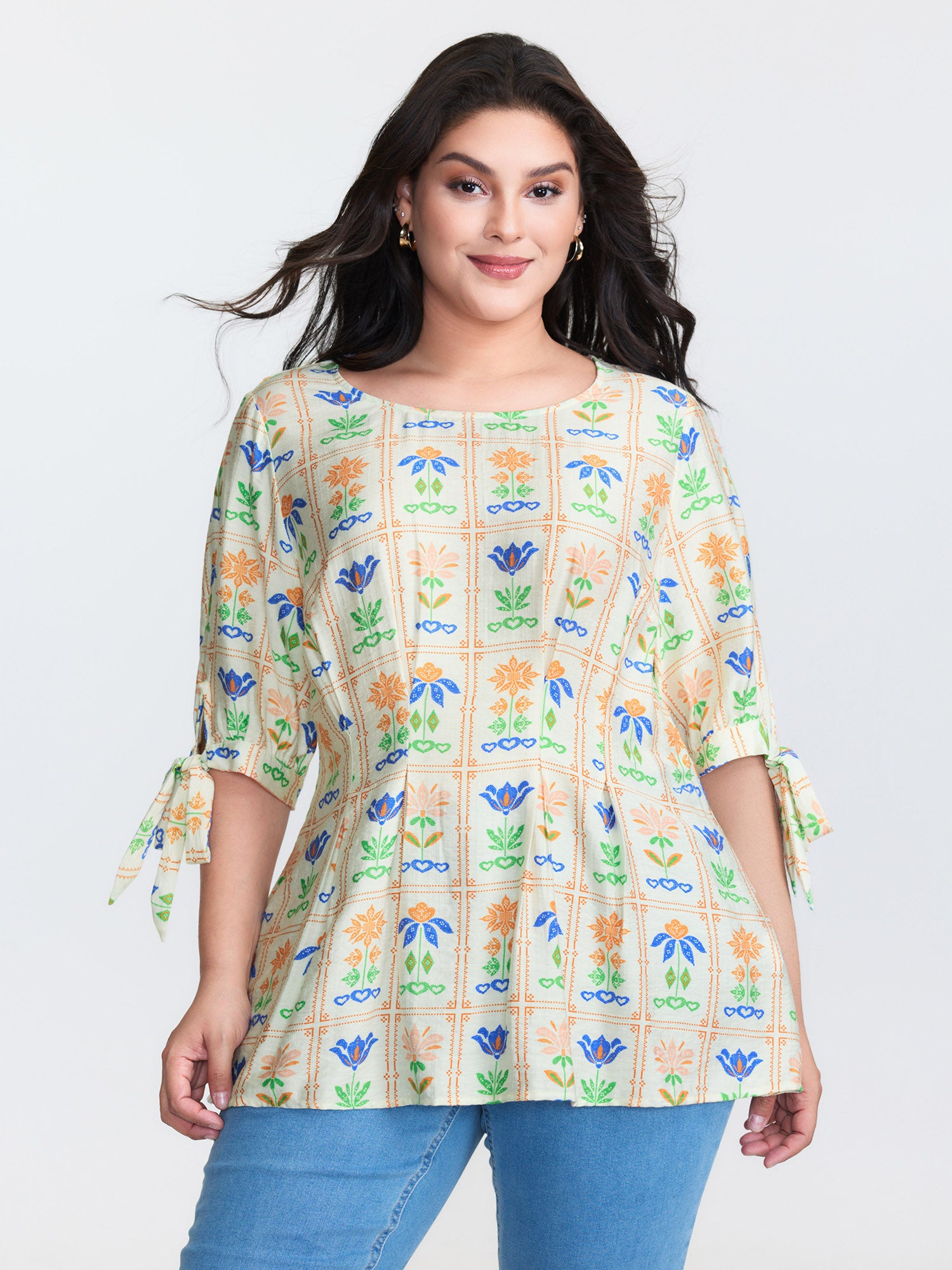 Multi-Color Floral Print Sleeve-Tie Knit Top