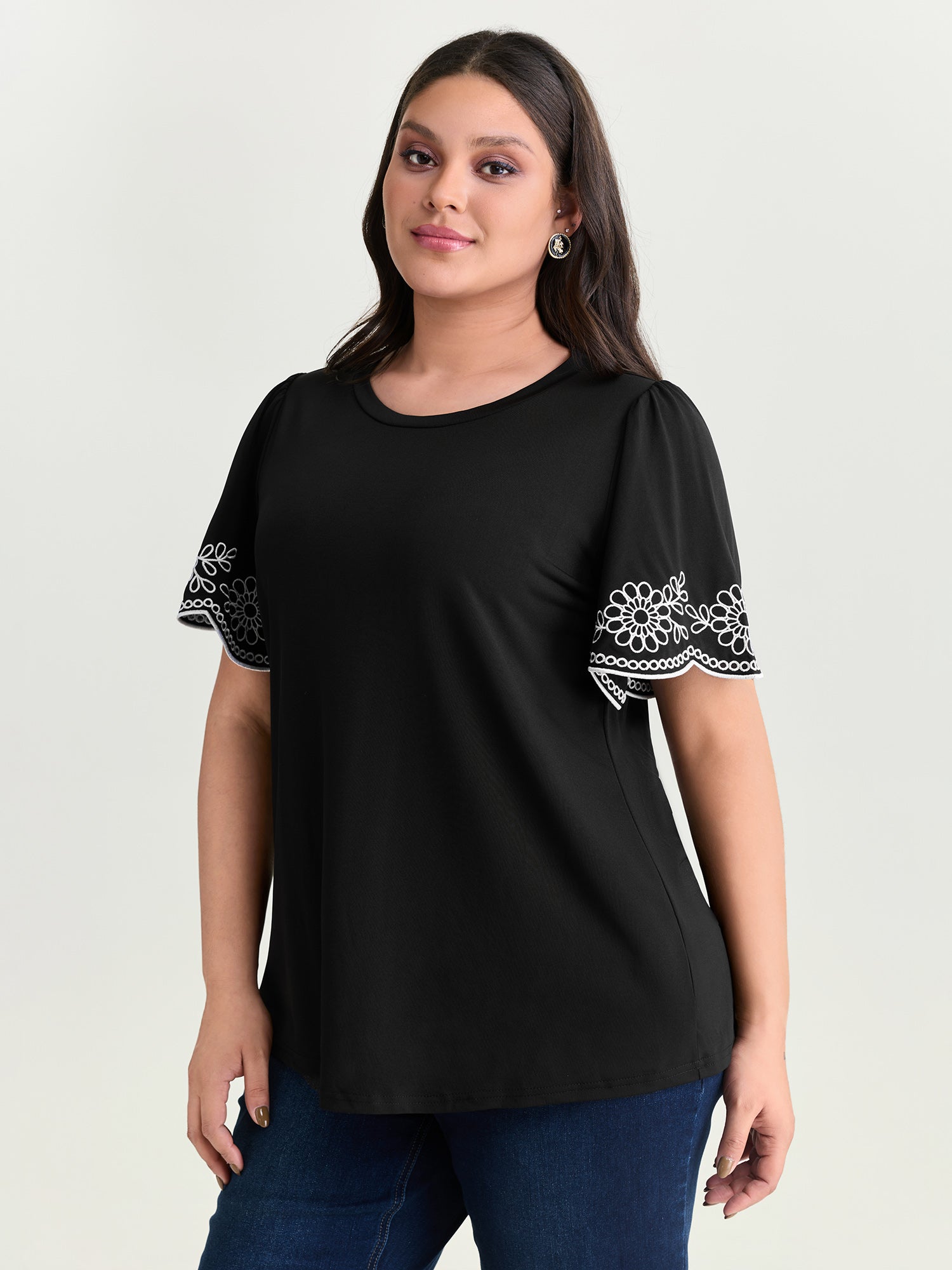 Stretchy Embroidered Sleeve Plain T-Shirt