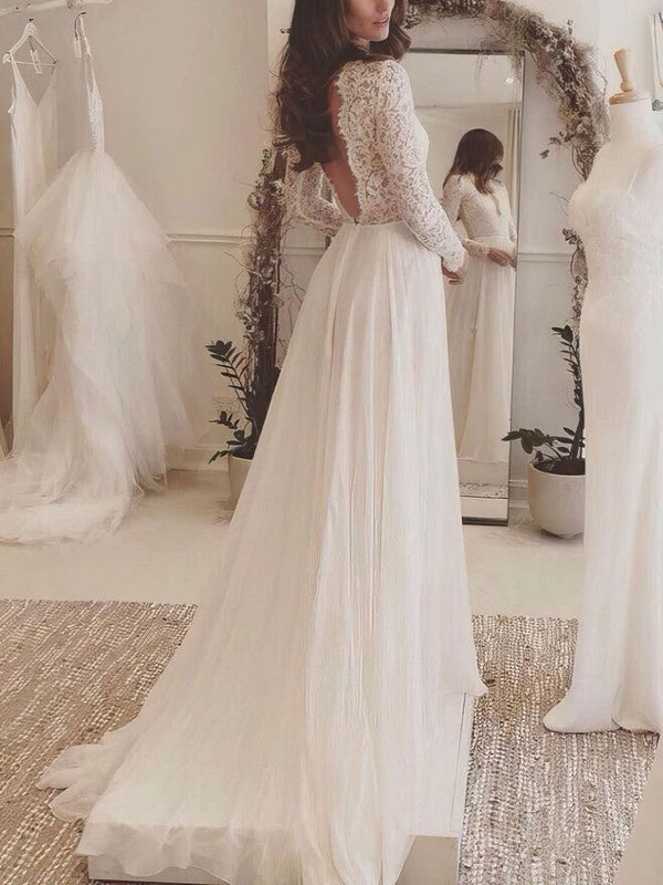 Chic A-Line V-Neck Backless Long Sleeves Lace Chiffon Wedding Dresses with Sweep Train
