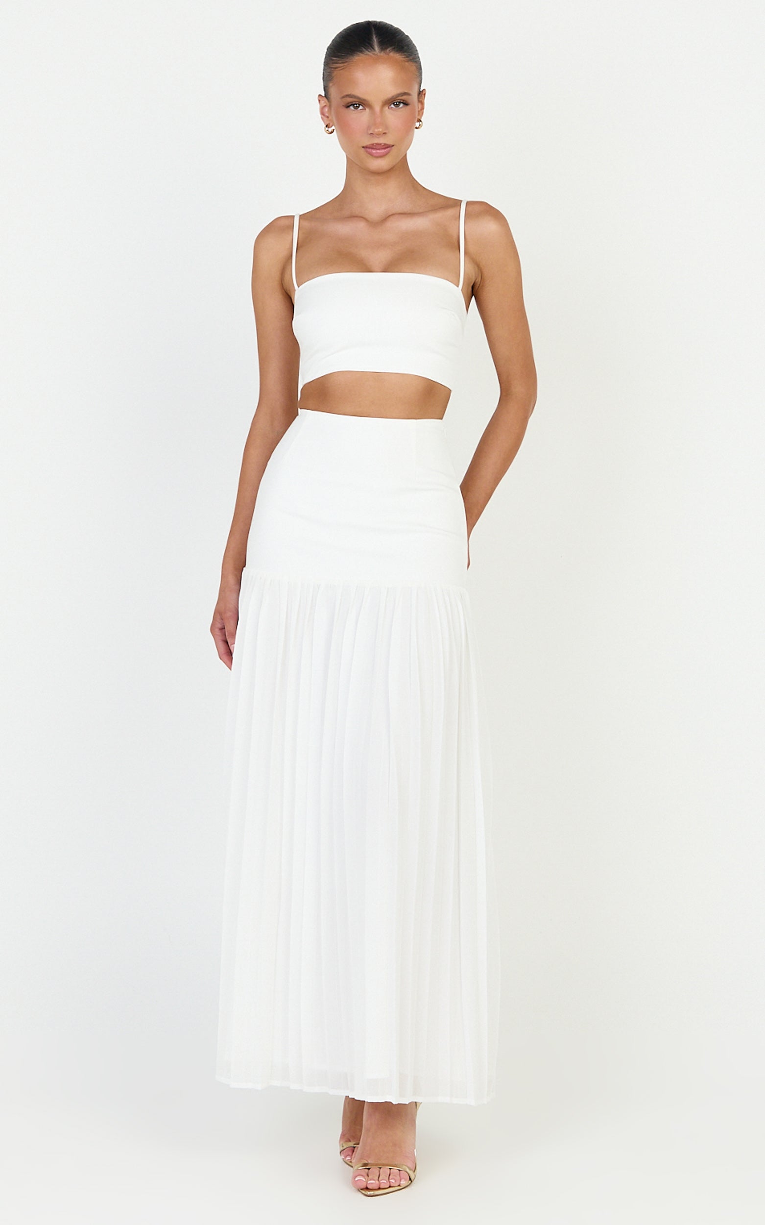 Rowan Two Piece Top and Skirt Set - Square Neck Crop Top and High Waist Pleated Maxi Skirt Set in Ivory