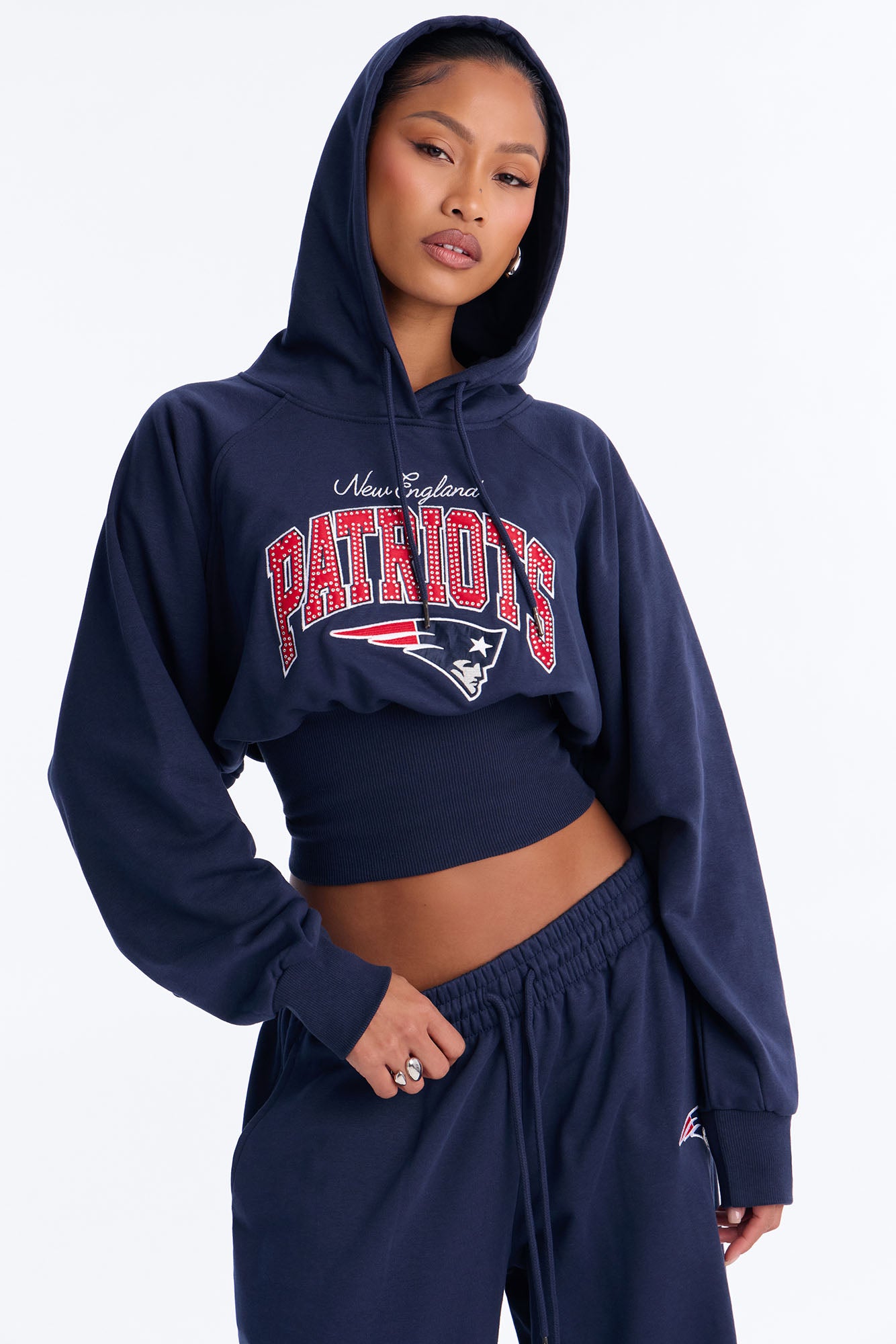 NFL Patriots Cinched Rhinestone Hoodie Sweatshirt - Navy