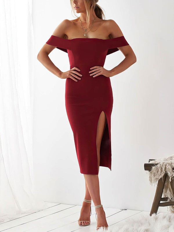 Beautiful Off-The-Shoulder Sheath Stretch Satin Bridesmaid Dresses with Split