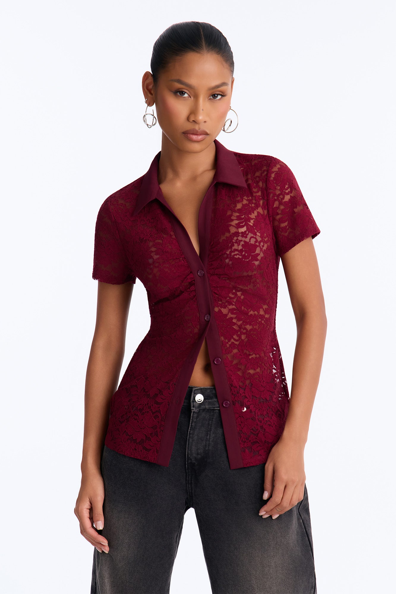 Adelina Short Sleeve Lace Top - Burgundy