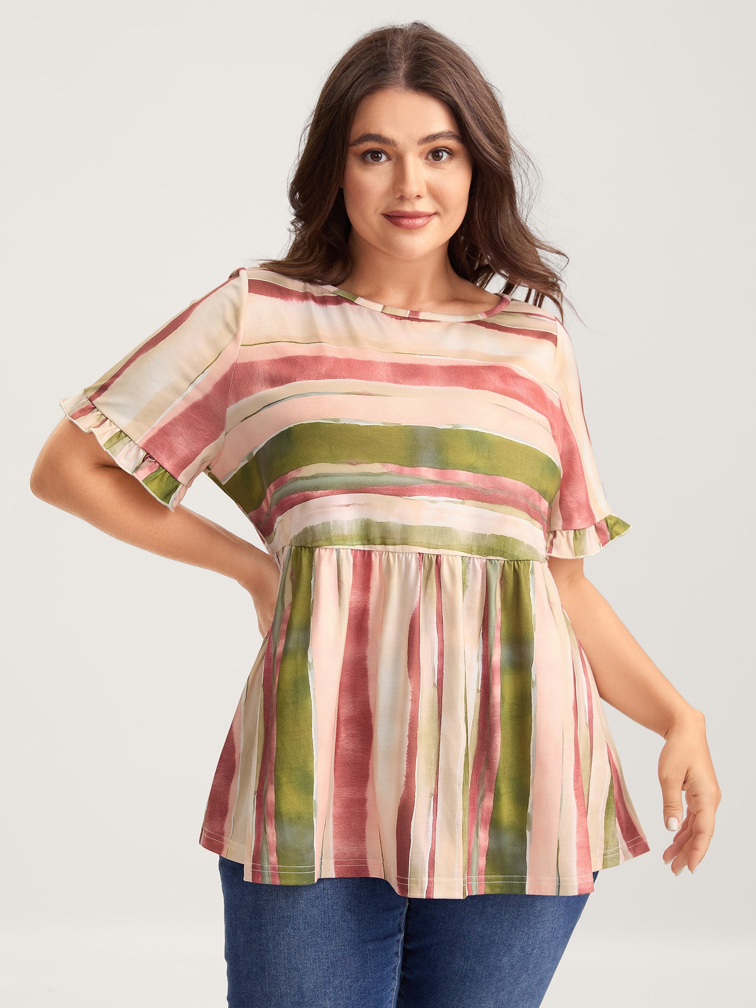 Asymmetrical Stripes Ruffled Knit Top