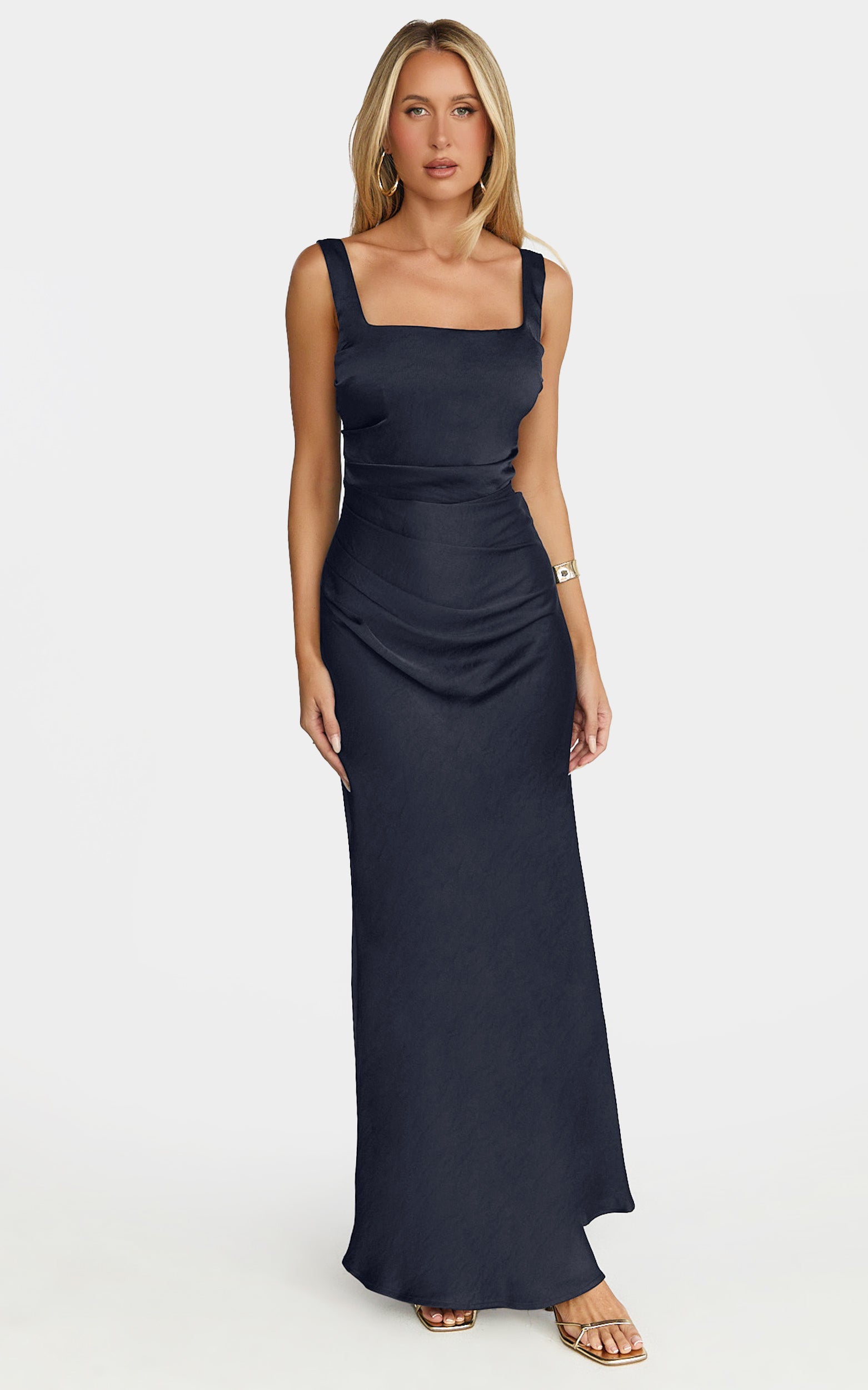 Rumi Midi Dress - Ruched Bodice Satin Dress in Navy