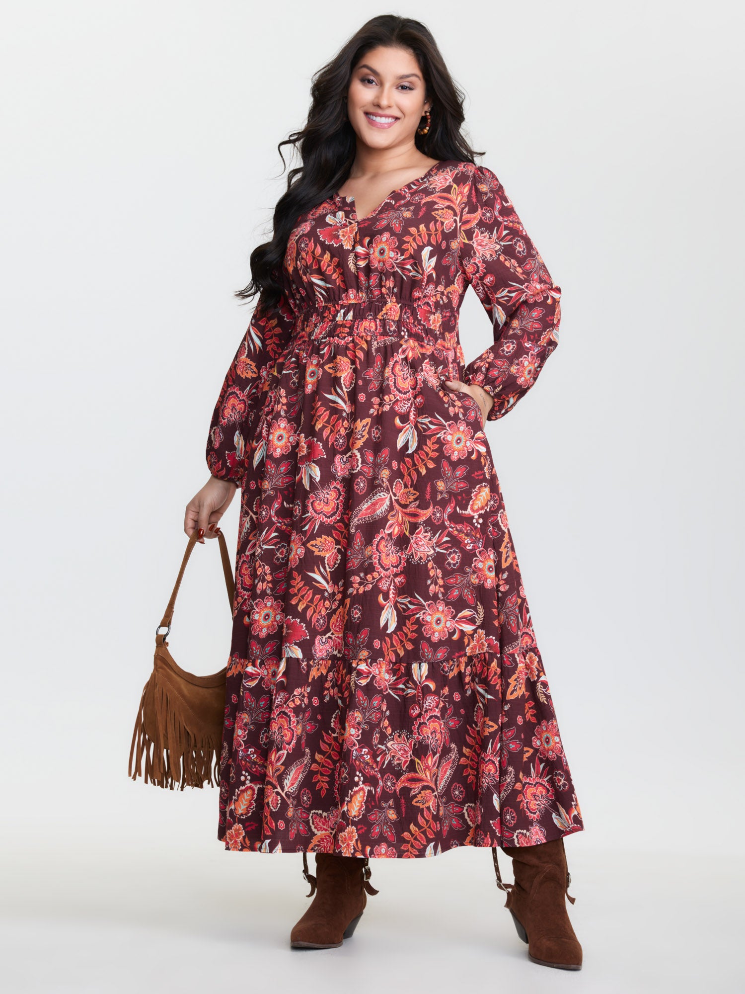 Boho Floral Print Cinched-Waist Maxi Dress