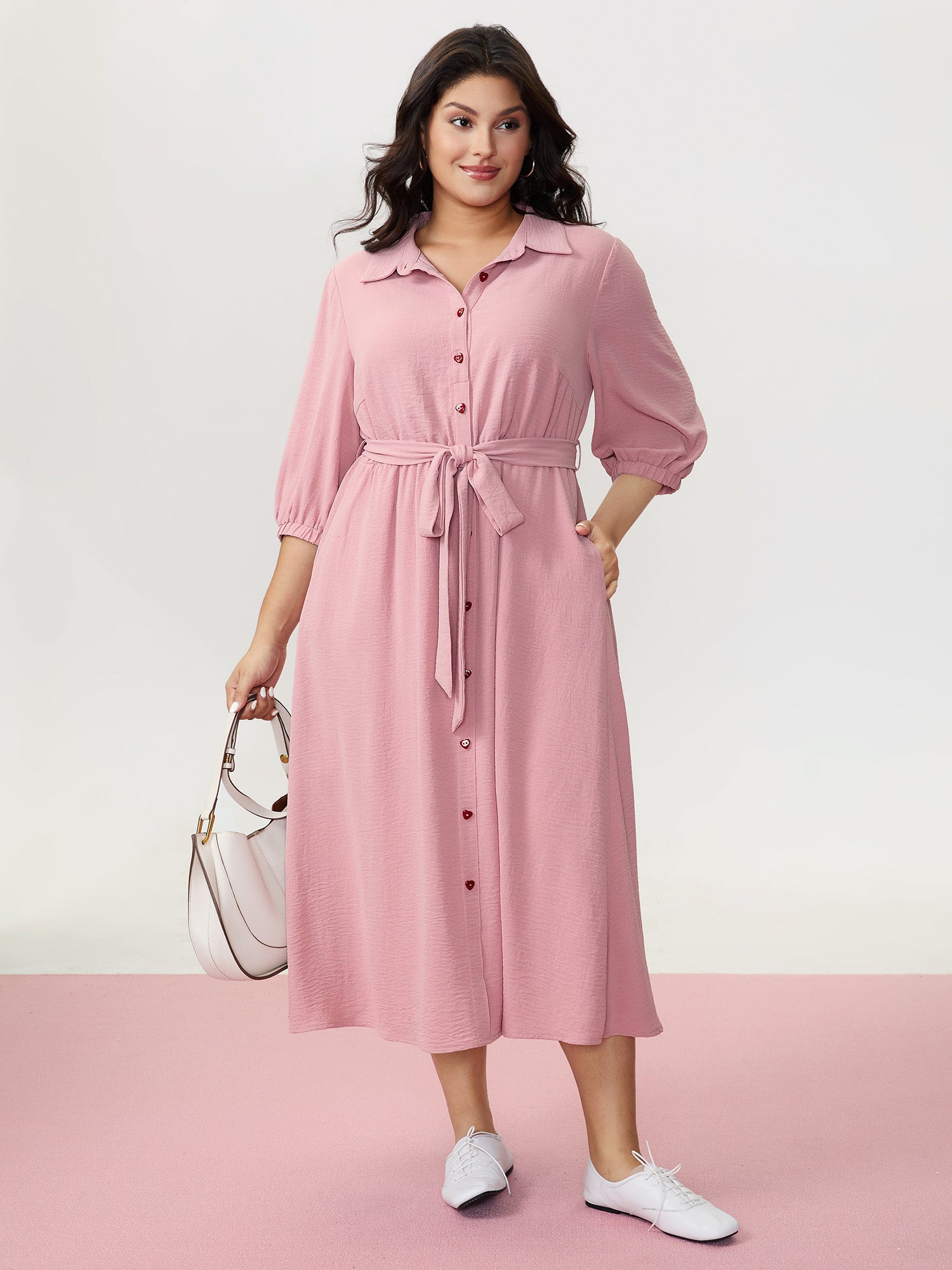 Layered Pleated Waist-Tie Shirt Dress