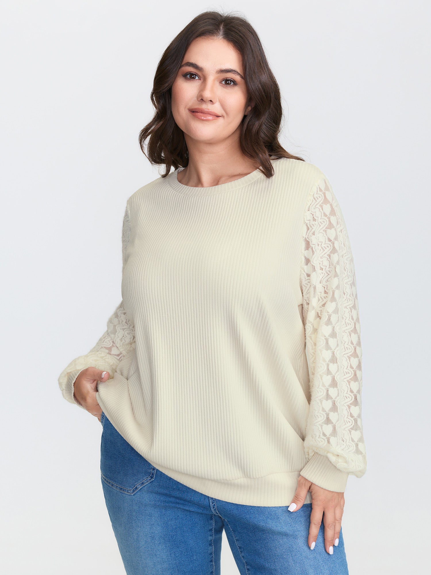 Lace Contrast Sleeve Ribbed Sweatshirt