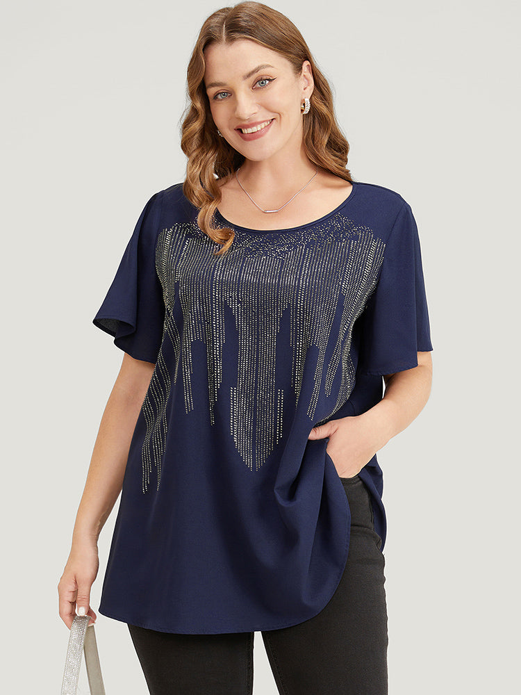Plain Rhinestones Detail Ruffles Sleeve Blouse