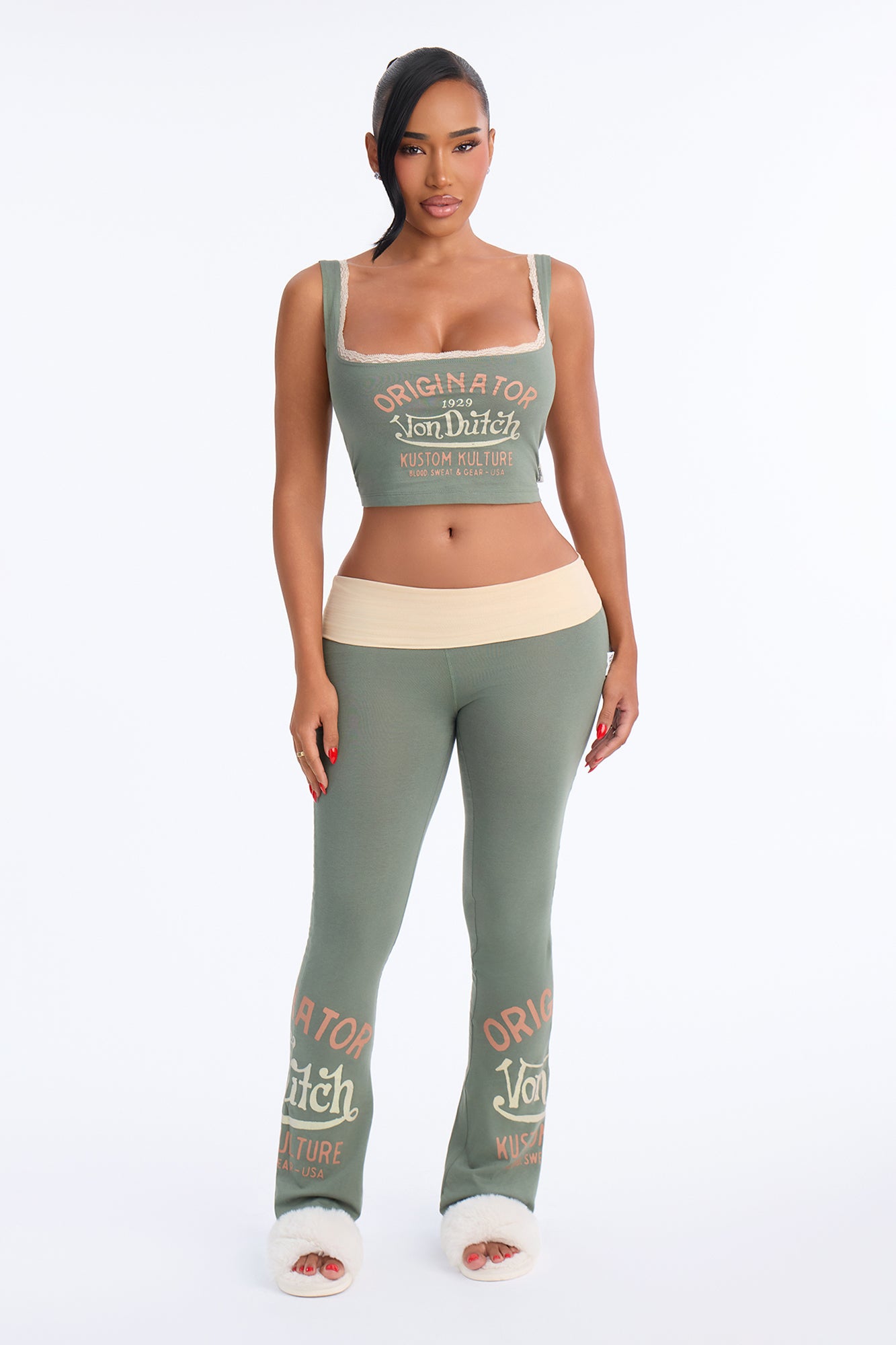 Von Dutch Originator Kustom Kulture Lace Flare PJ Pant Set - Olive/combo
