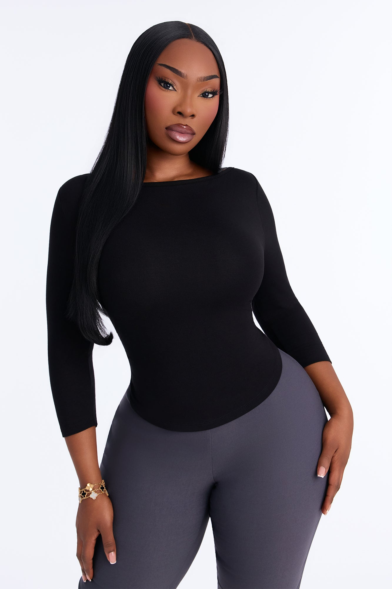 Laynee Boat Neck 3/4 Sleeve Top - Black