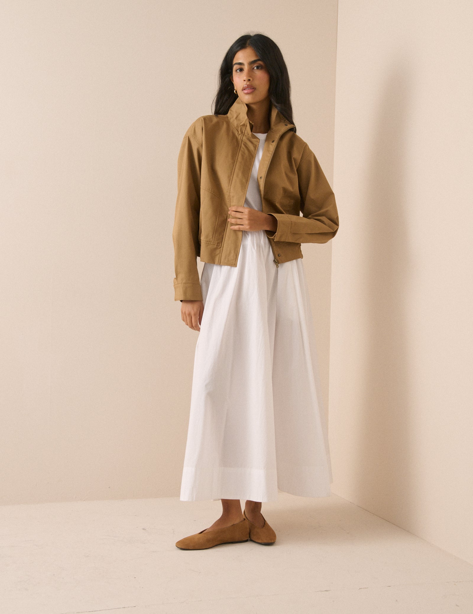 Camel Funnel Neck Trinity Bomber Jacket