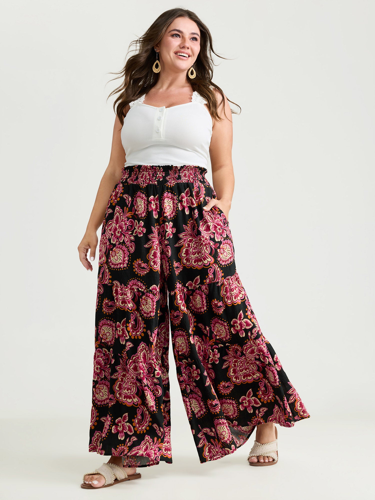 Large Floral Print Wide Shirred Waistband Pants