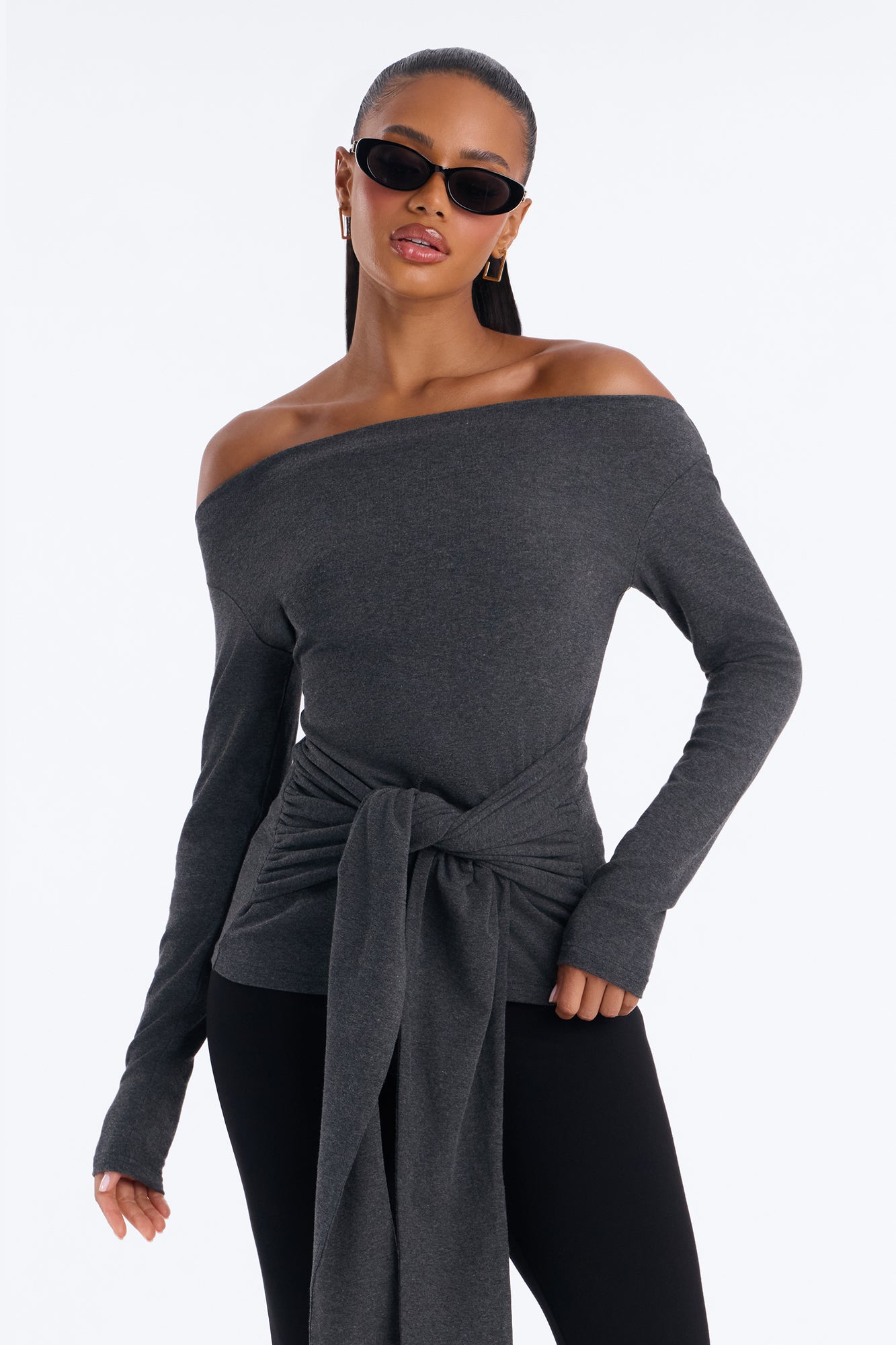 Evelyn Off Shoulder Tie Waist Long Sleeve Top - Charcoal
