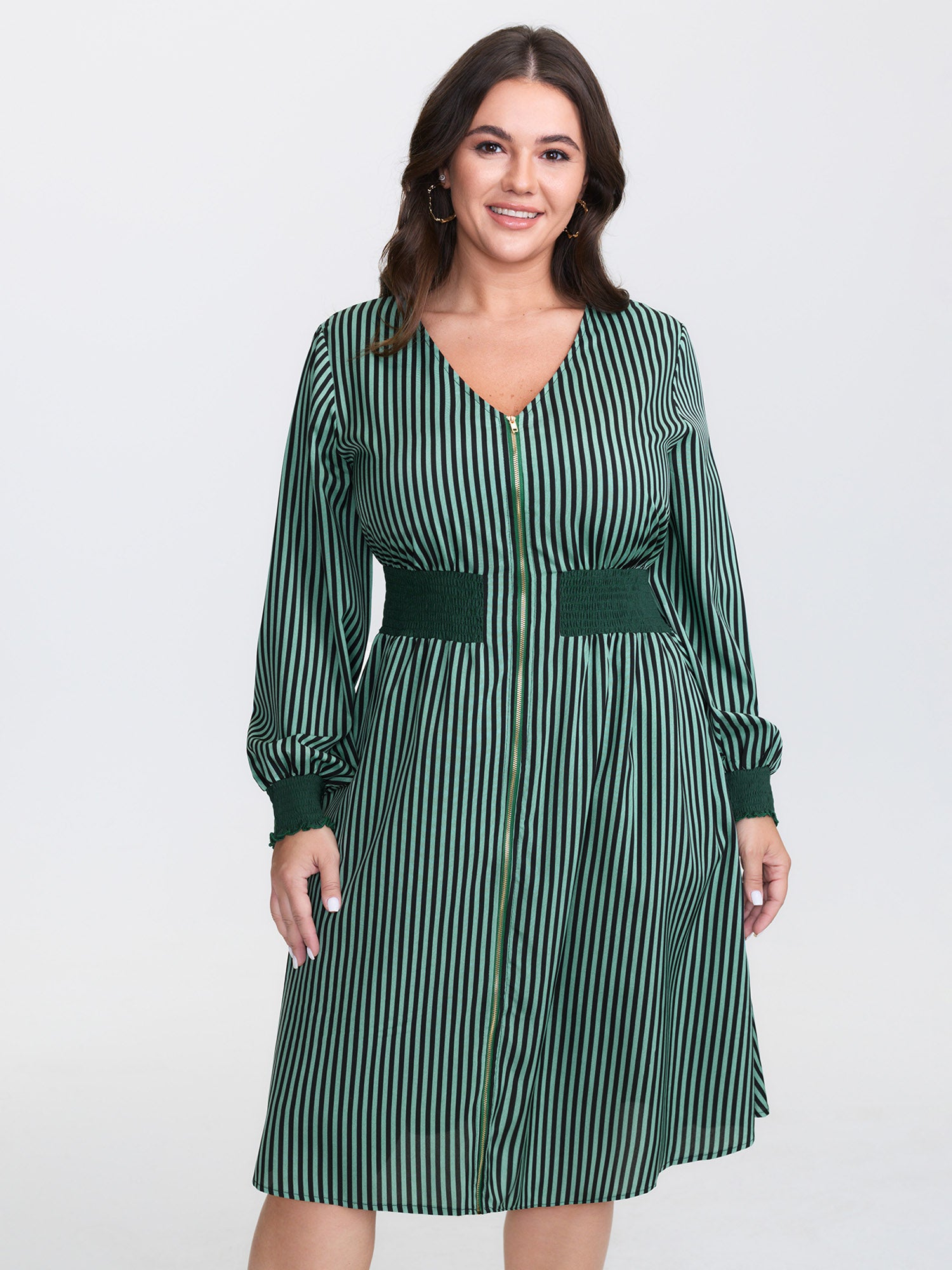 Striped Shirred Waist Zipper-Front Midi Dress