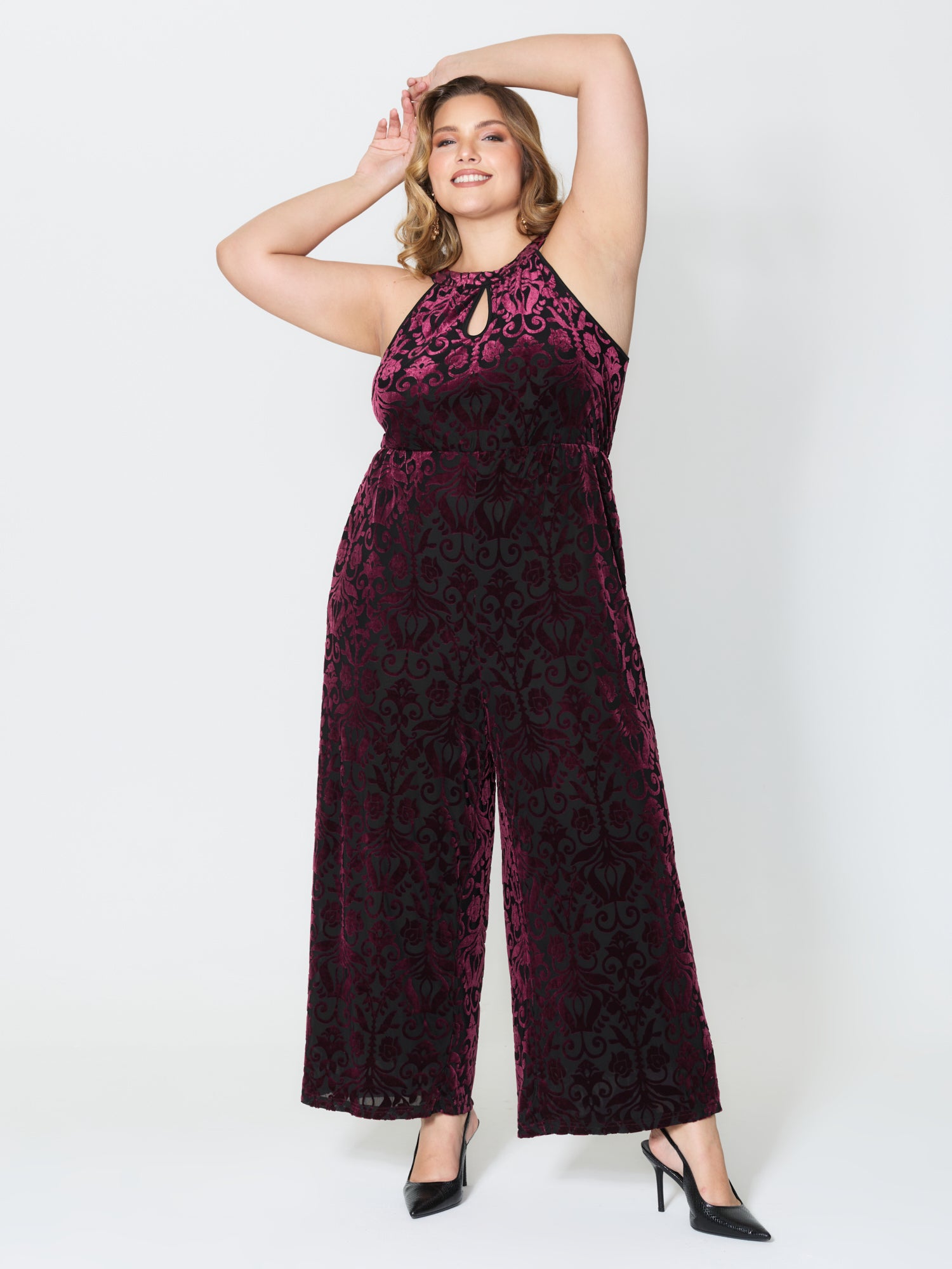 Velvet Laser Cut Lined Wide-Leg Jumpsuit