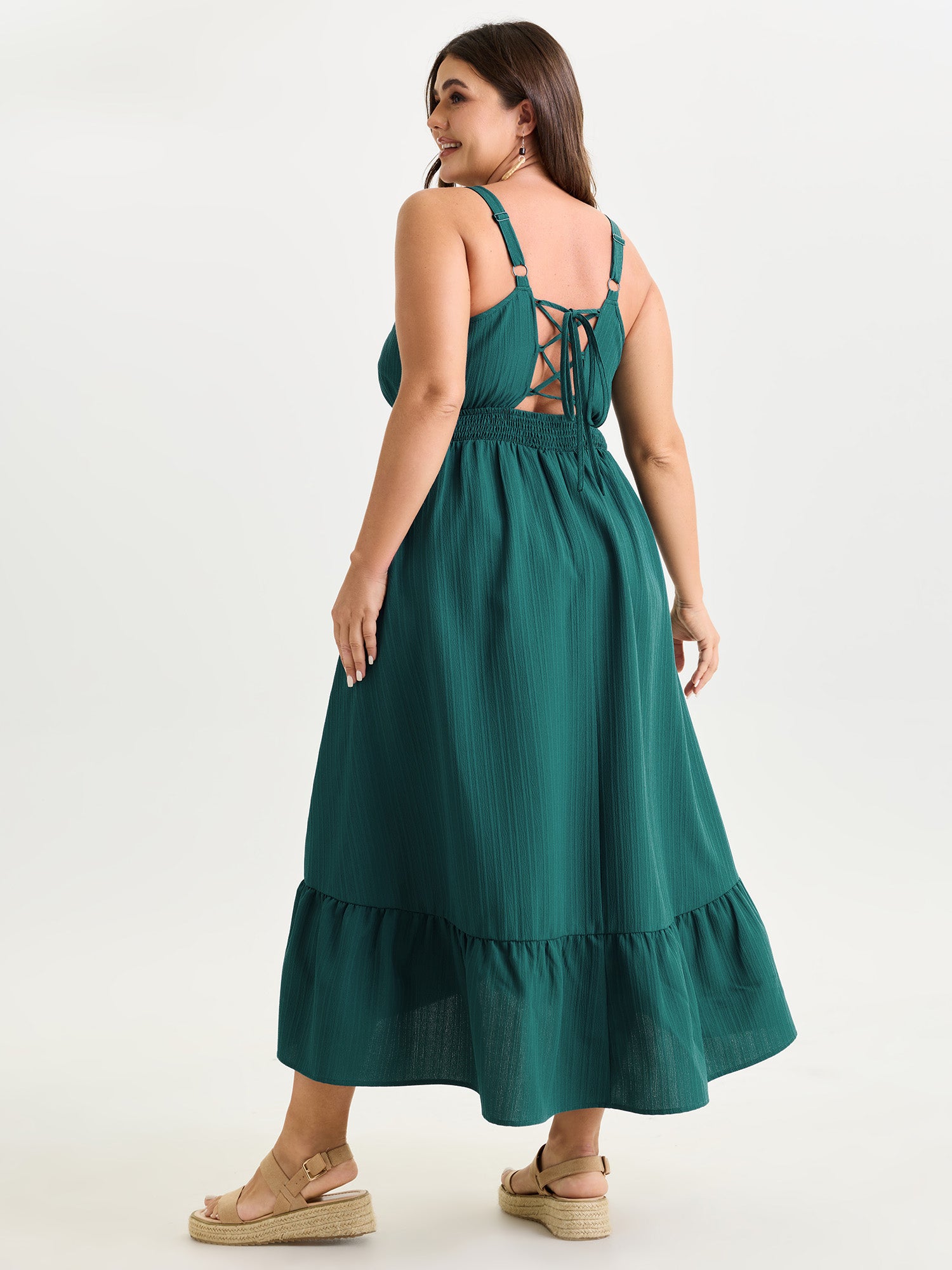 Shirred Cinched Waist Ruffled Midi Dress