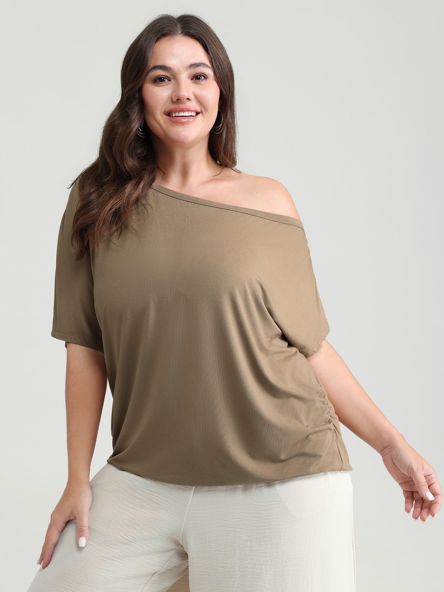 Supersoft One-Shoulder Draped Plain Knit Top