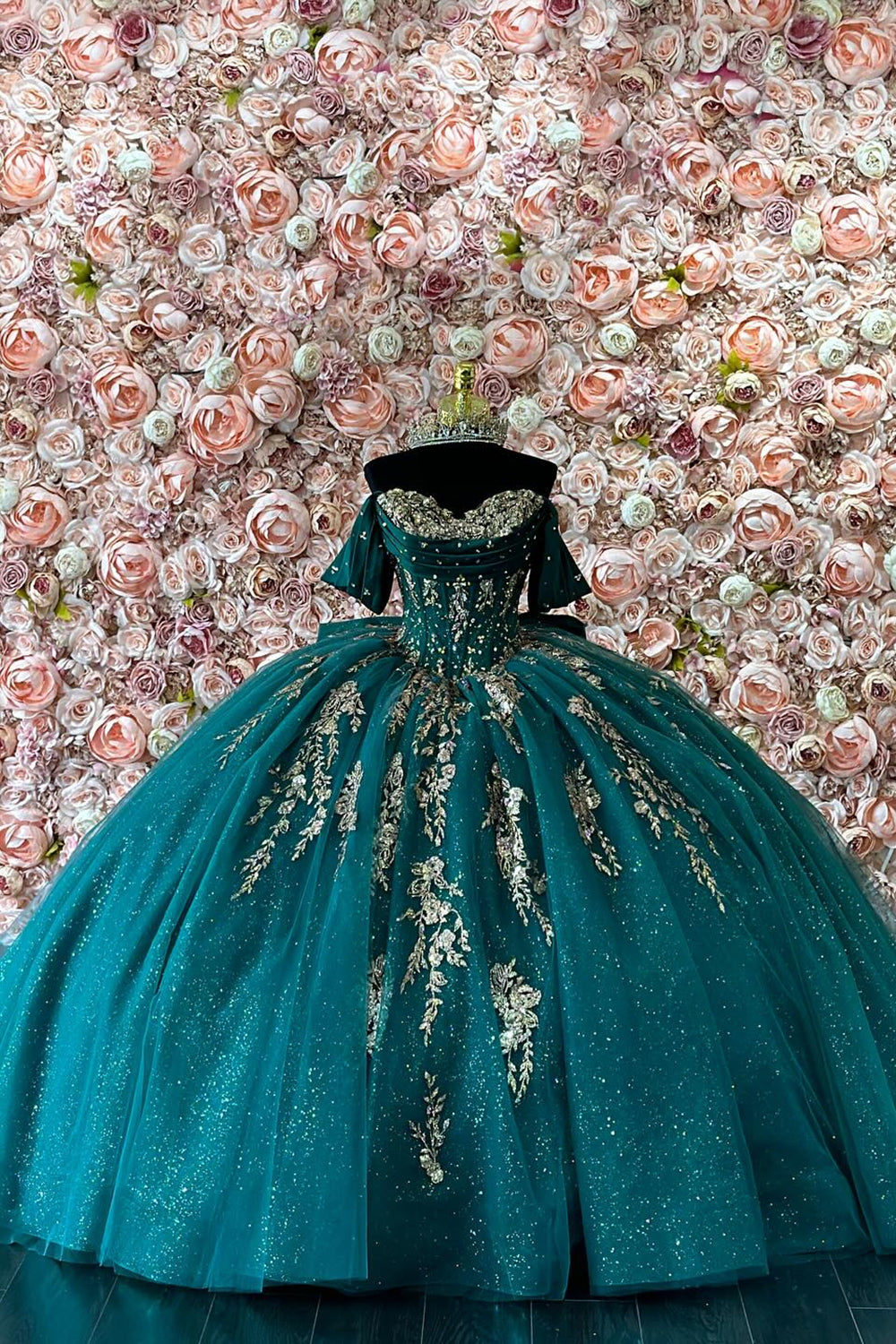 Off-the-Shoulder Dark Green Quinceanera Dress with Beaded Applique and Tulle Train