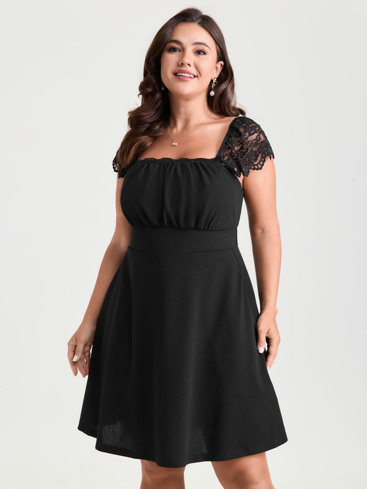 Sheer Lace Sleeve Gathered Cinched-Waist Mini Dress