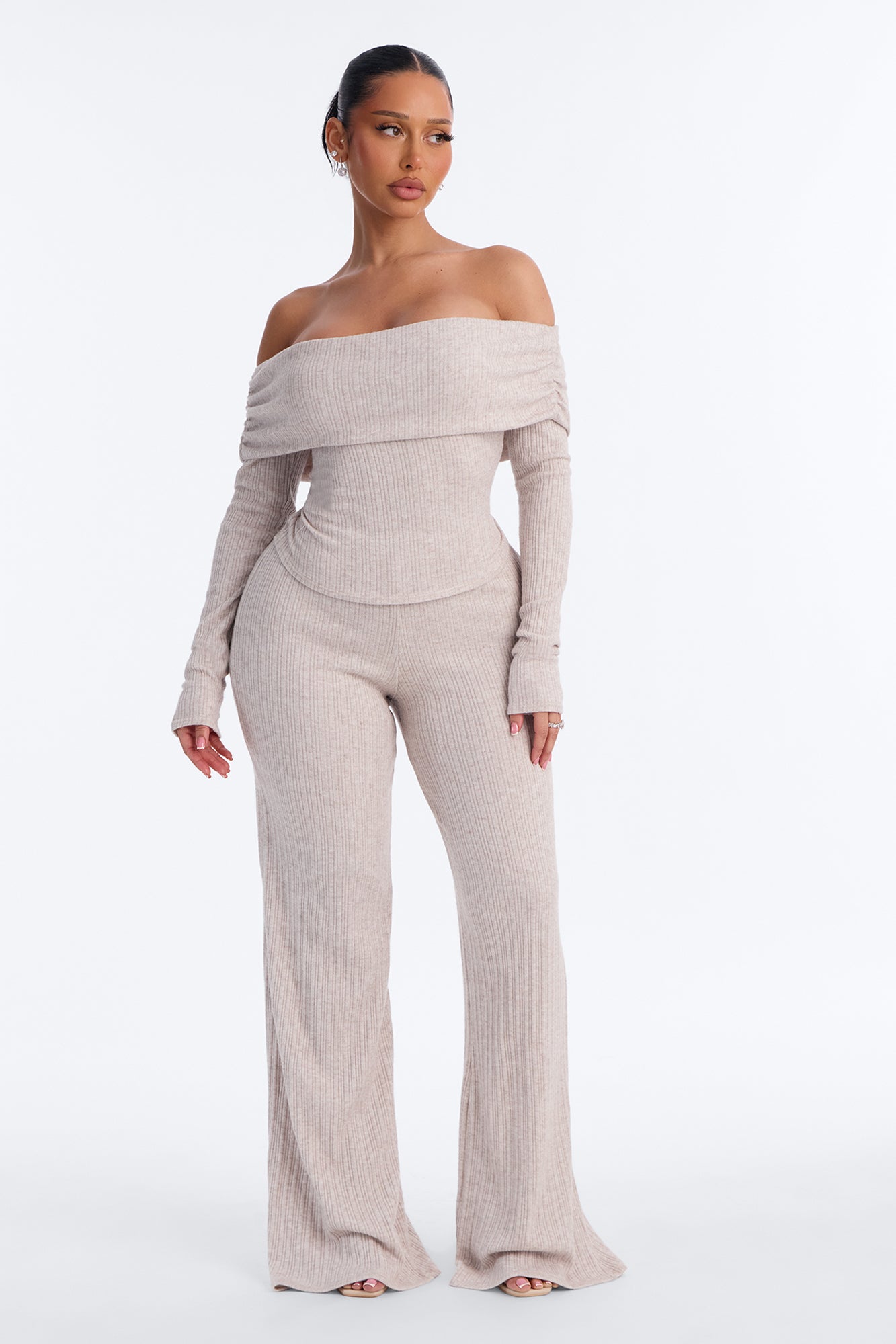 Alina Off Shoulder Sweater Pant Set - Oatmeal