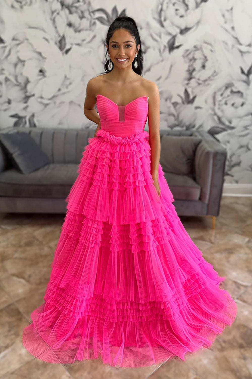 Long Tiered Prom Dress in Fuchsia Tulle for Sweetheart Princess