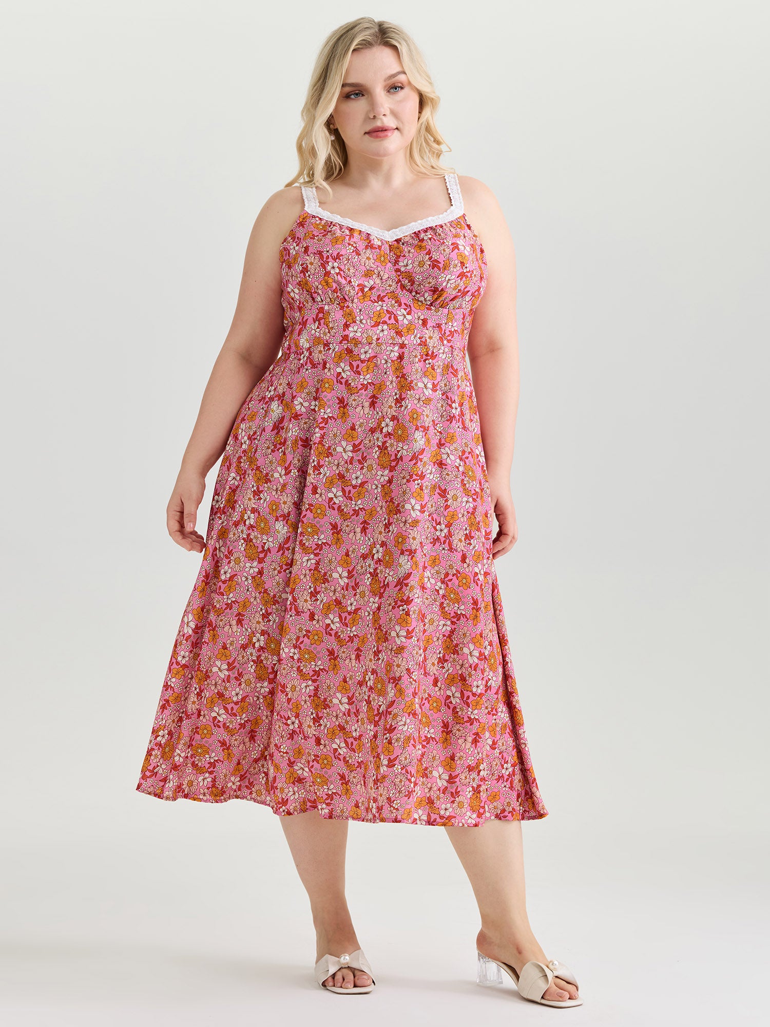 Bright Floral Print Lace Neckline Midi Dress