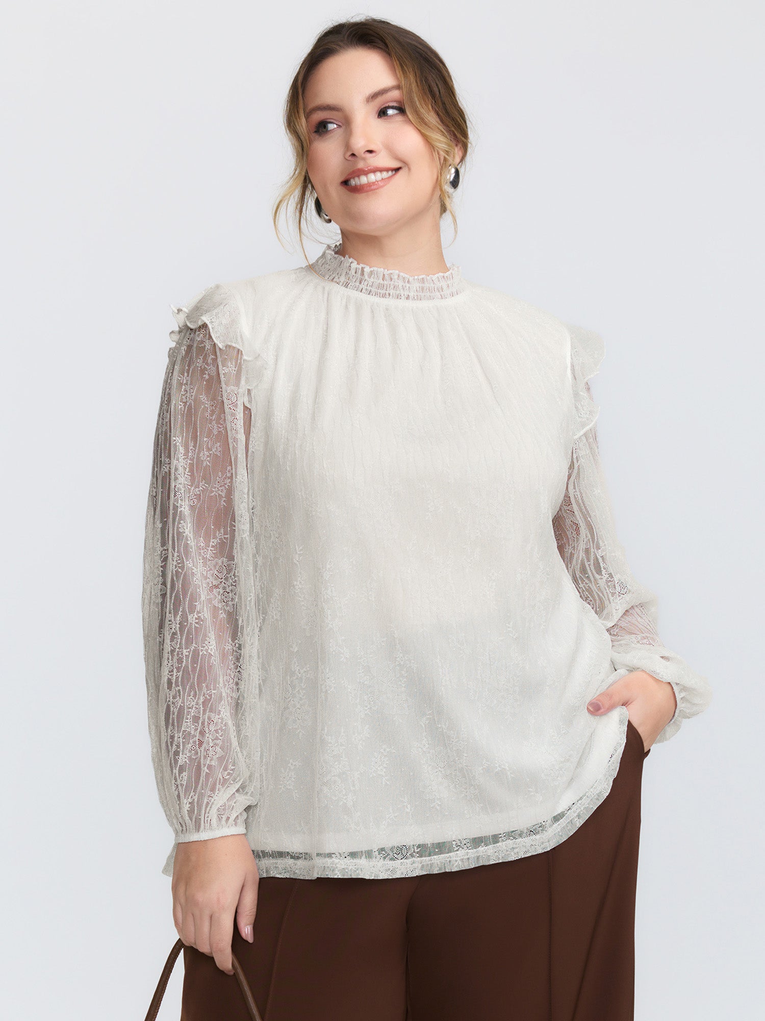 Pleated Lace Mock Neckline Sheer Blouse