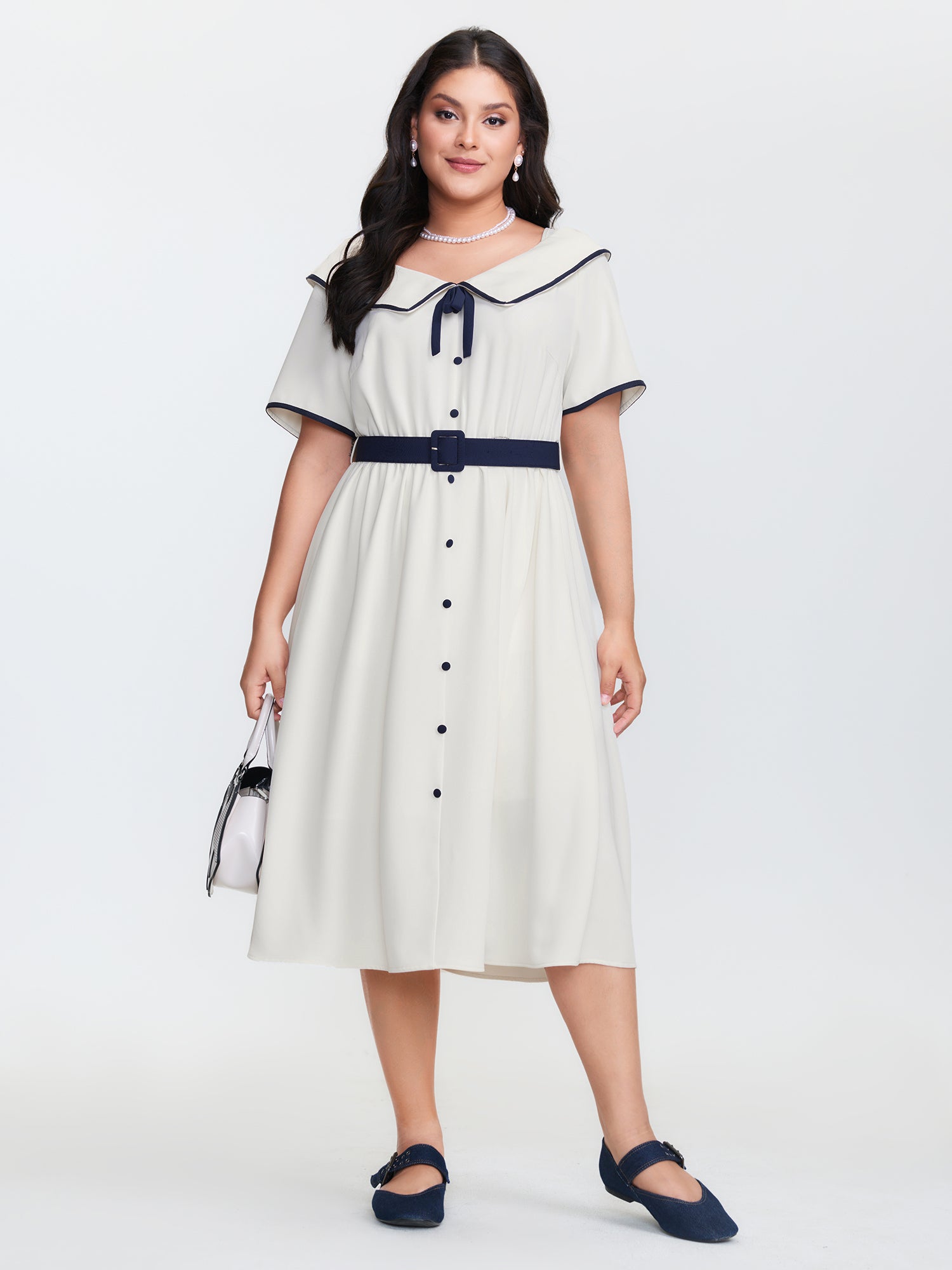 Sailor Collar Pockets Belted Midi Dress