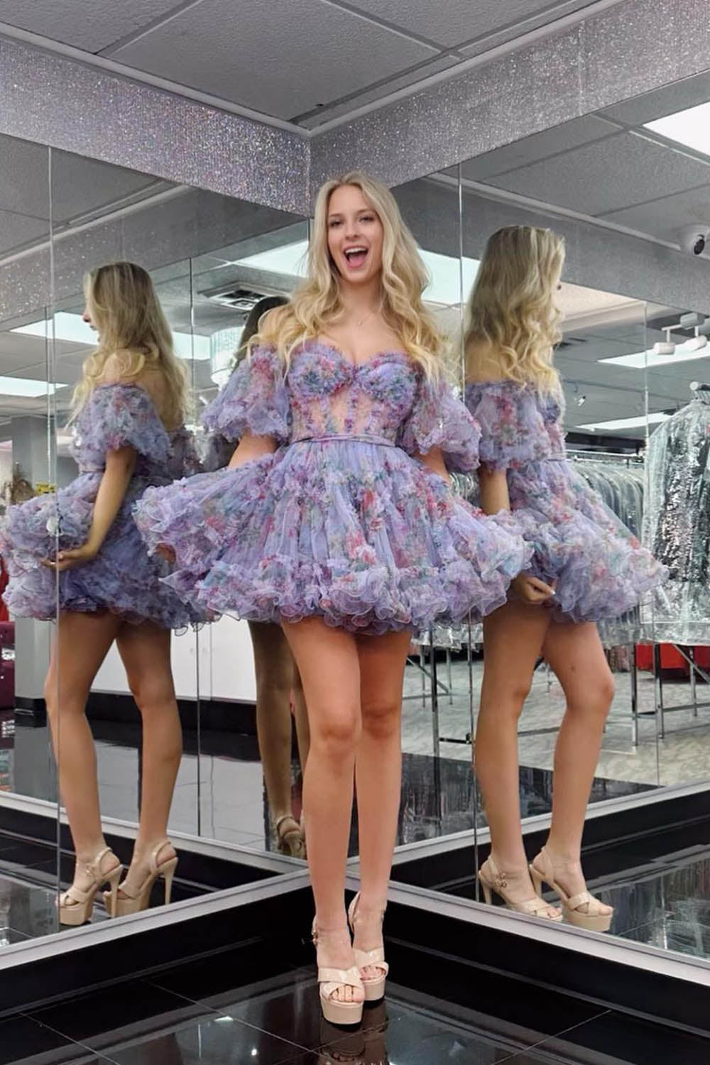 Purple Floral Off the Shoulder A-Line Short Homecoming Dress/Mini Dress