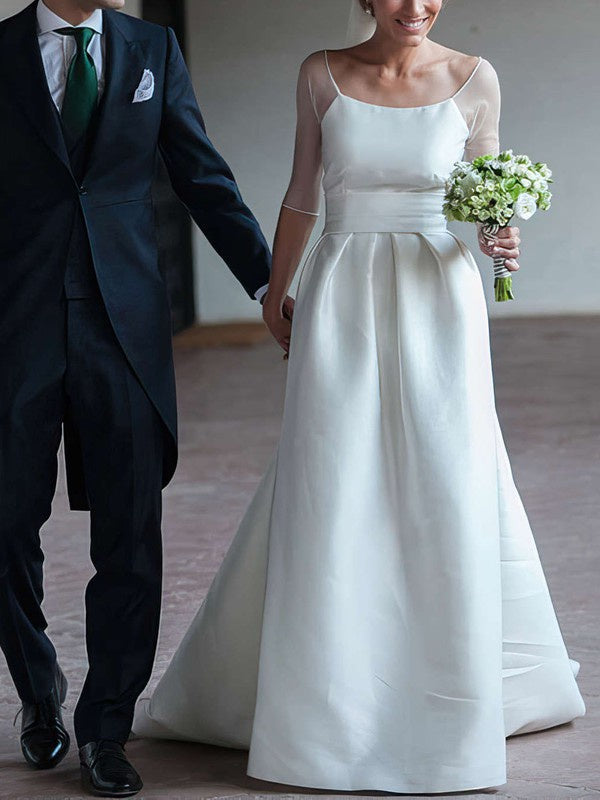 Stunning Scoop Neck 3/4 Long Sleeves Sweep Train A-Line Satin Wedding Dresses with Ruffles